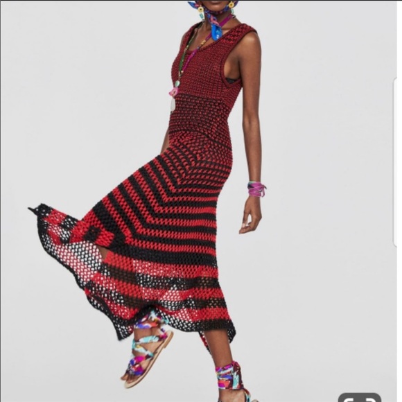 Zara Dresses & Skirts - Red and black crochet maxi dress NWT